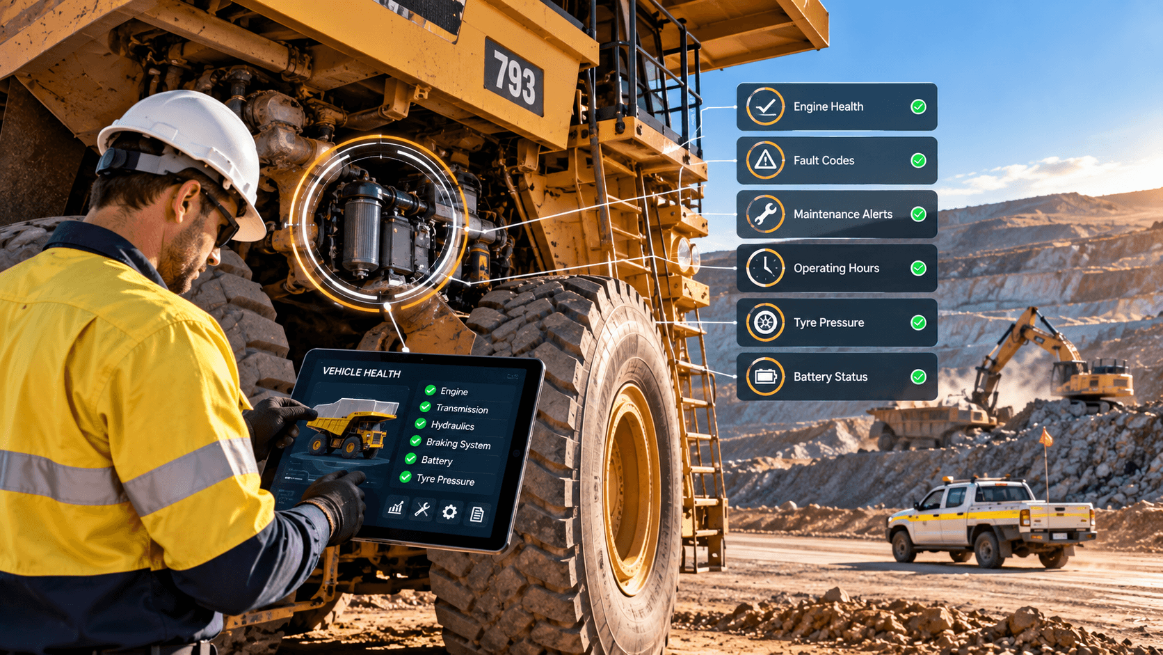 Heavy mining vehicle with connected maintenance and telematics information