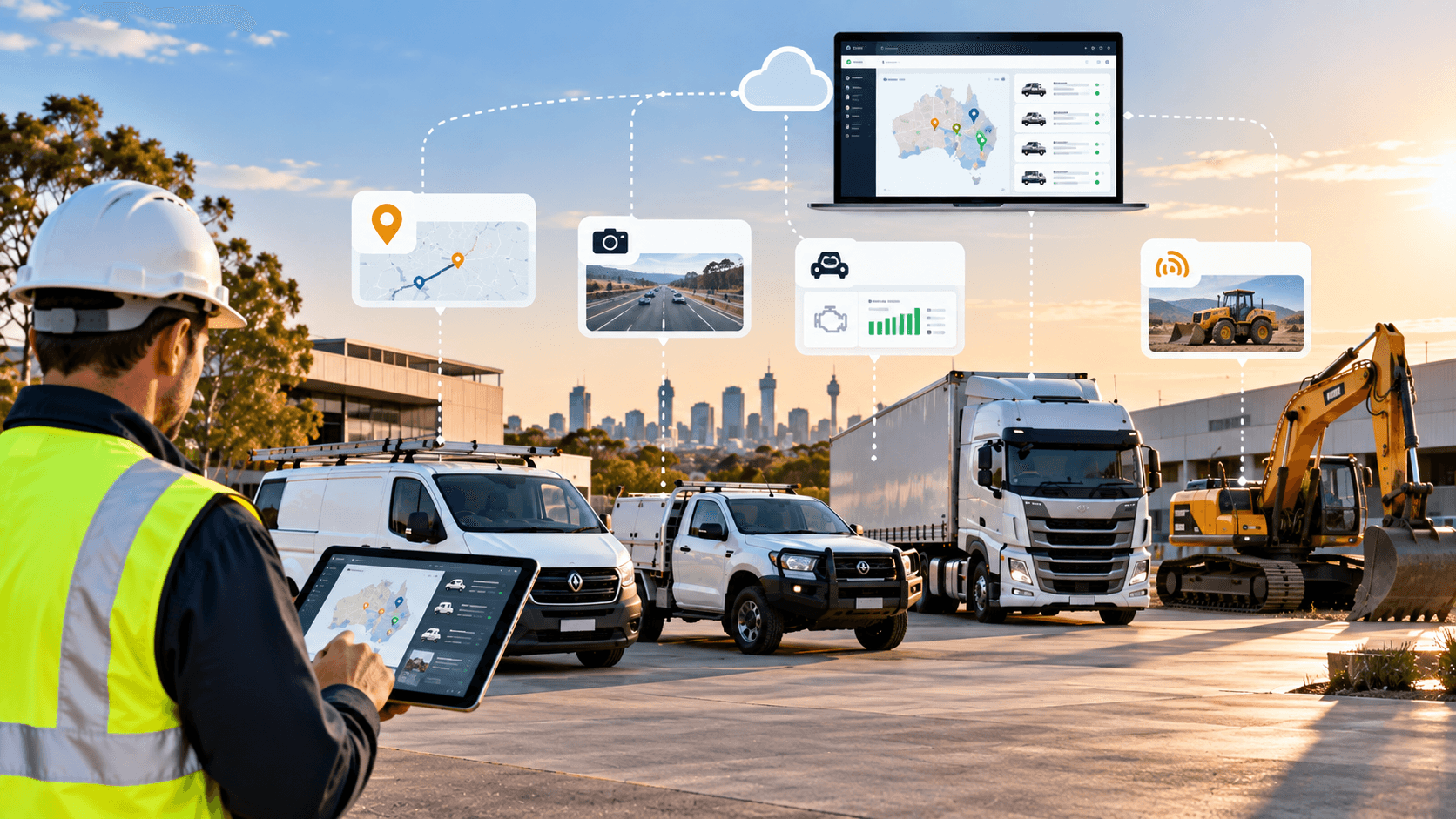 Australian commercial fleet including a ute, service van, truck and heavy equipment